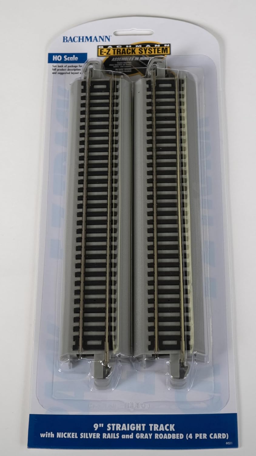 Trains 9" Straight Track 4PK NS Rail with Gray Roadbed HO Scale | Snap-Fit E-Z Track, 9” Straight Track (4/card)