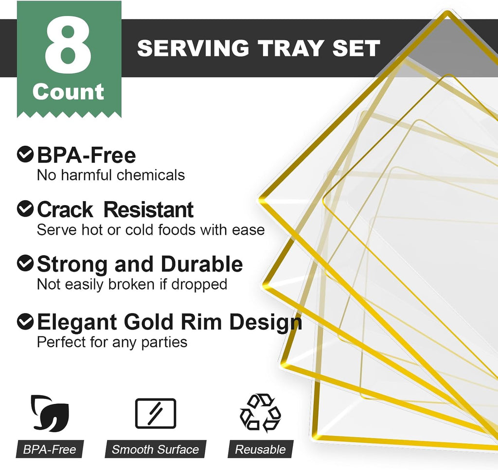 8 PCS Plastic Serving Trays for Party, Clear Gold Rim Platters