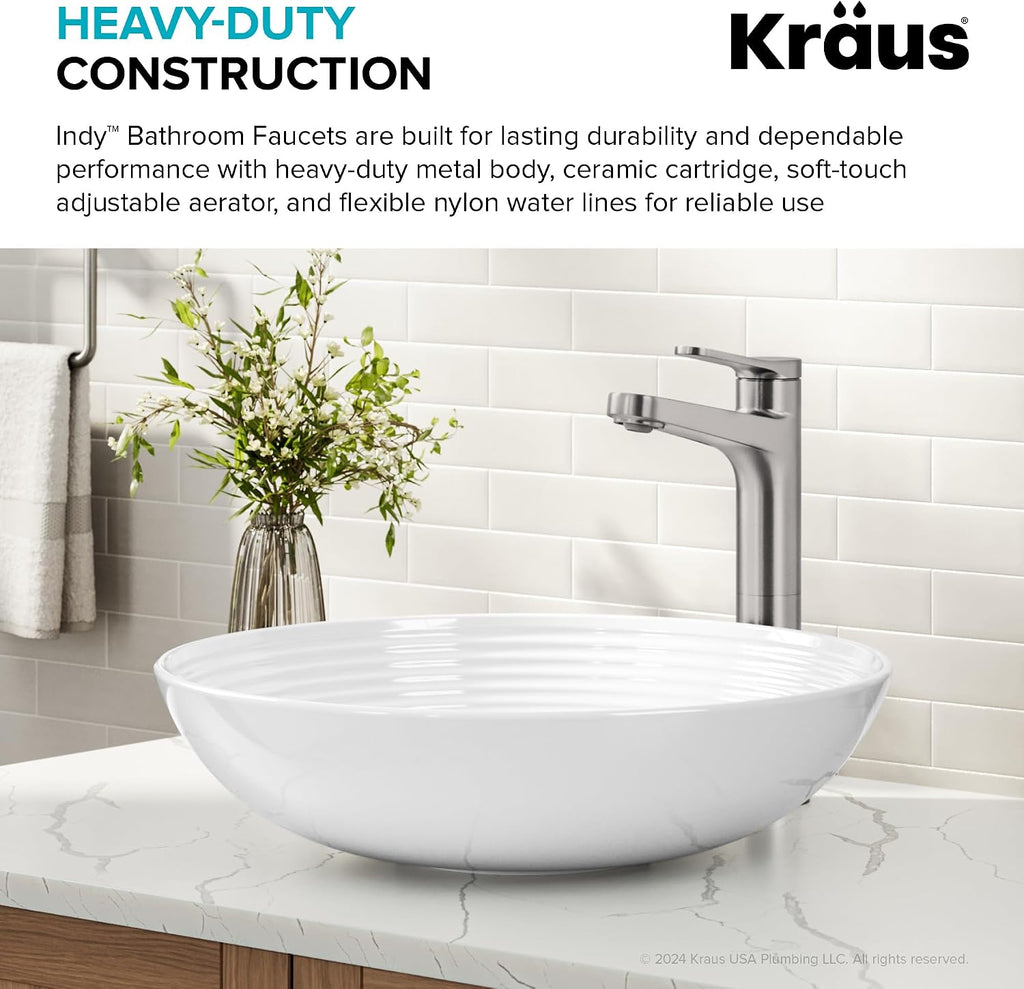 Indy Bathroom Faucet for Vessel Sink in Spot-Free Brushed Nickel with Single Handle, Pop Up Drain and Supply Lines
