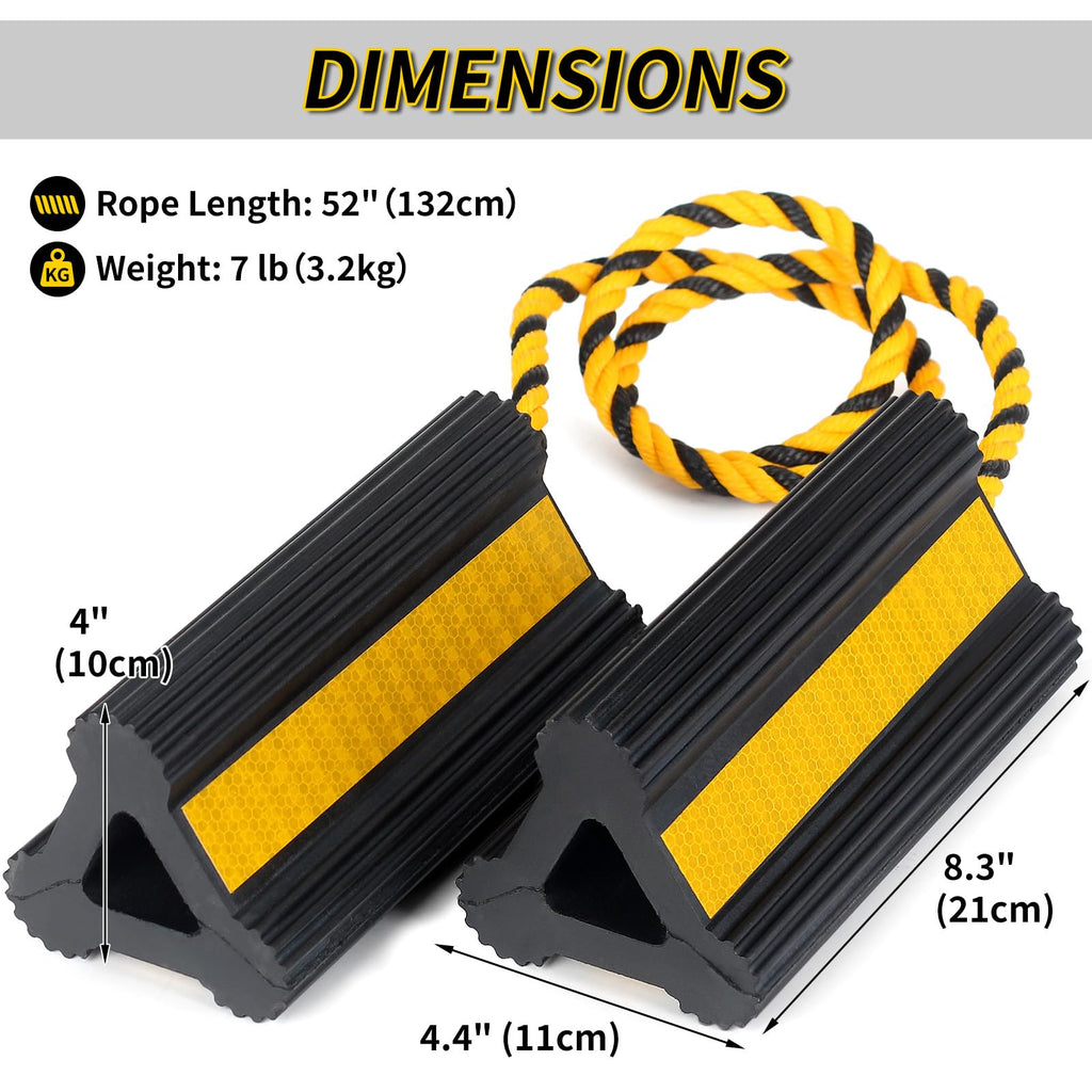 Heavy Duty Rubber Wheel Chocks with Rope & Reflective Strips