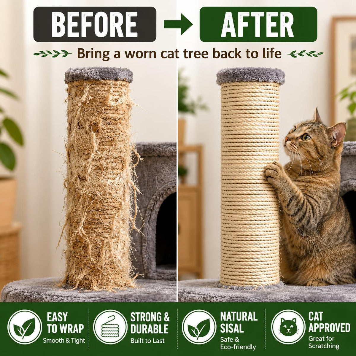 Sisal Rope for Cat Tree 4mm (5/32Inch) x 50FT Scratcher Twine