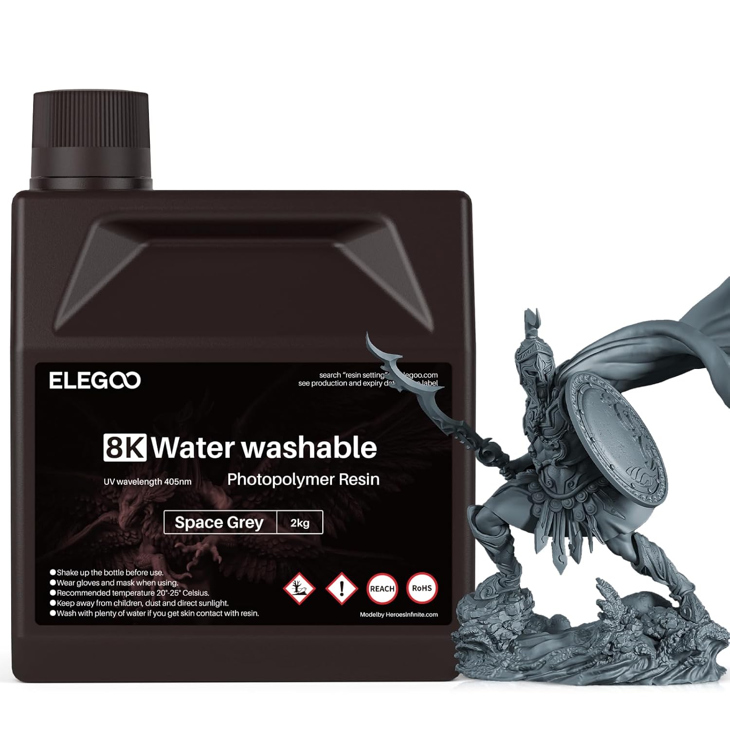 ELEGOO 8K Water Washable Resin 8K Space Grey 2000G | Higher Precision 3D Printer Resin, 405nm Rapid UV Curing
