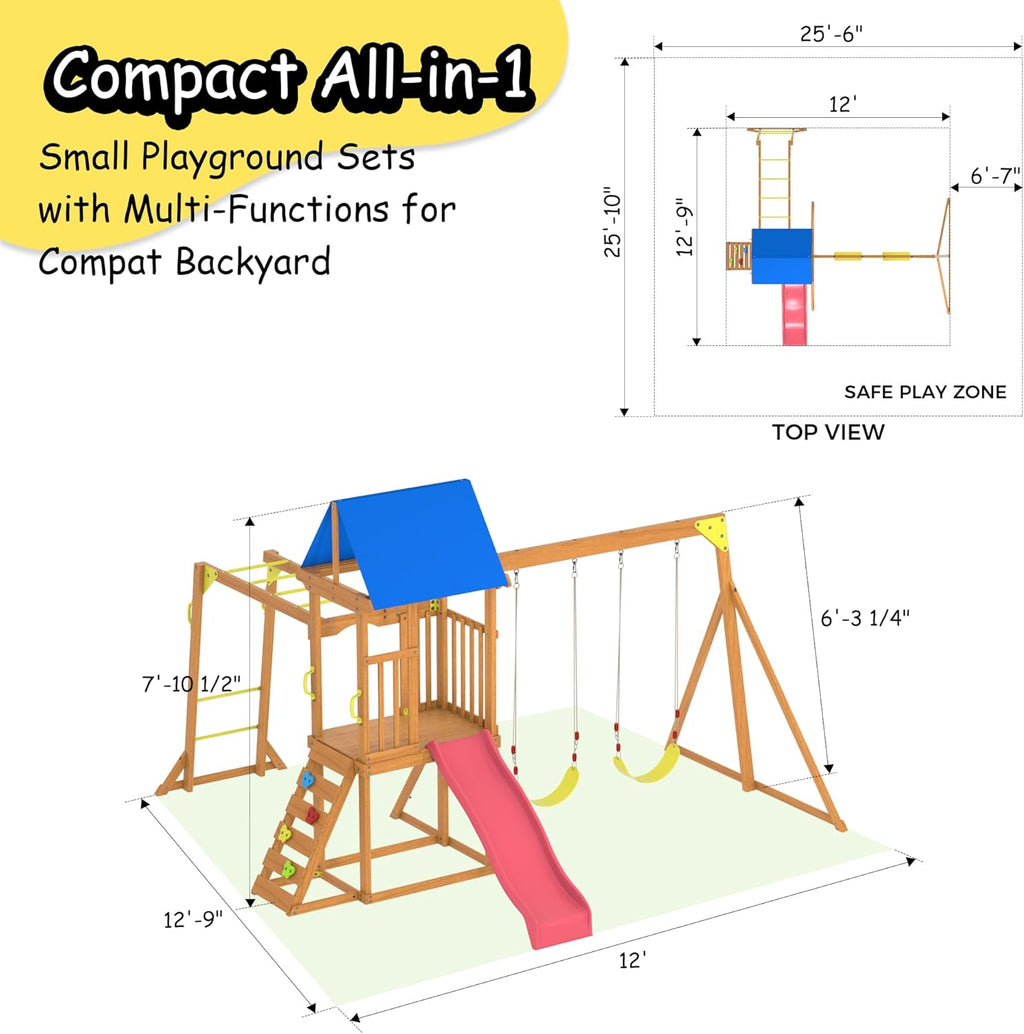Wooden Swing Sets for Backyard, Kids Outdoor Playground Set with Monkey Bars, Wave Slide, 2 Belt Swings, Climbing