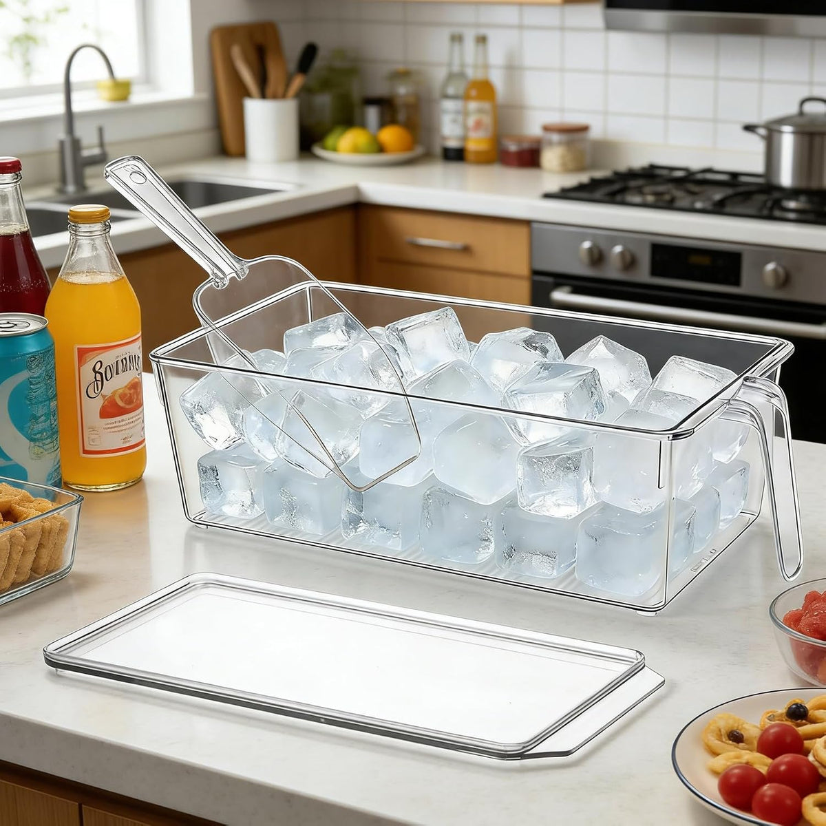 2 Set Ice Bin for Freezer with Lid and 2 Scoop Set Plastic Freezer Ice Bin with Pull-Out Handle Clear Storage Bucket