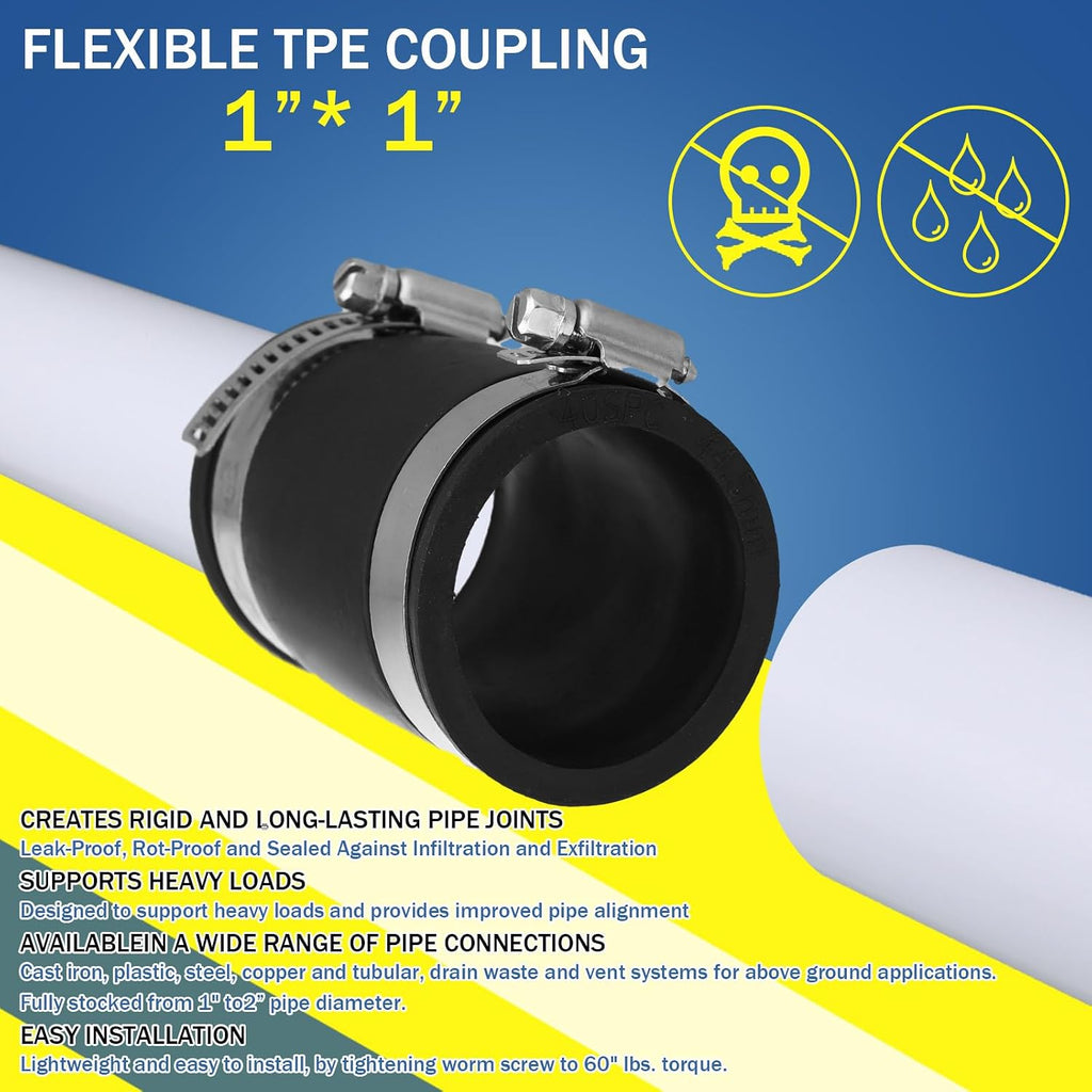 2 Pcs 1 Inch Flexible TPE Coupling with Stainless Steel Clamps