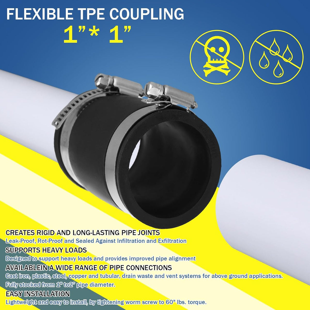 2 Pcs 1 Inch Flexible TPE Coupling with Stainless Steel Clamps