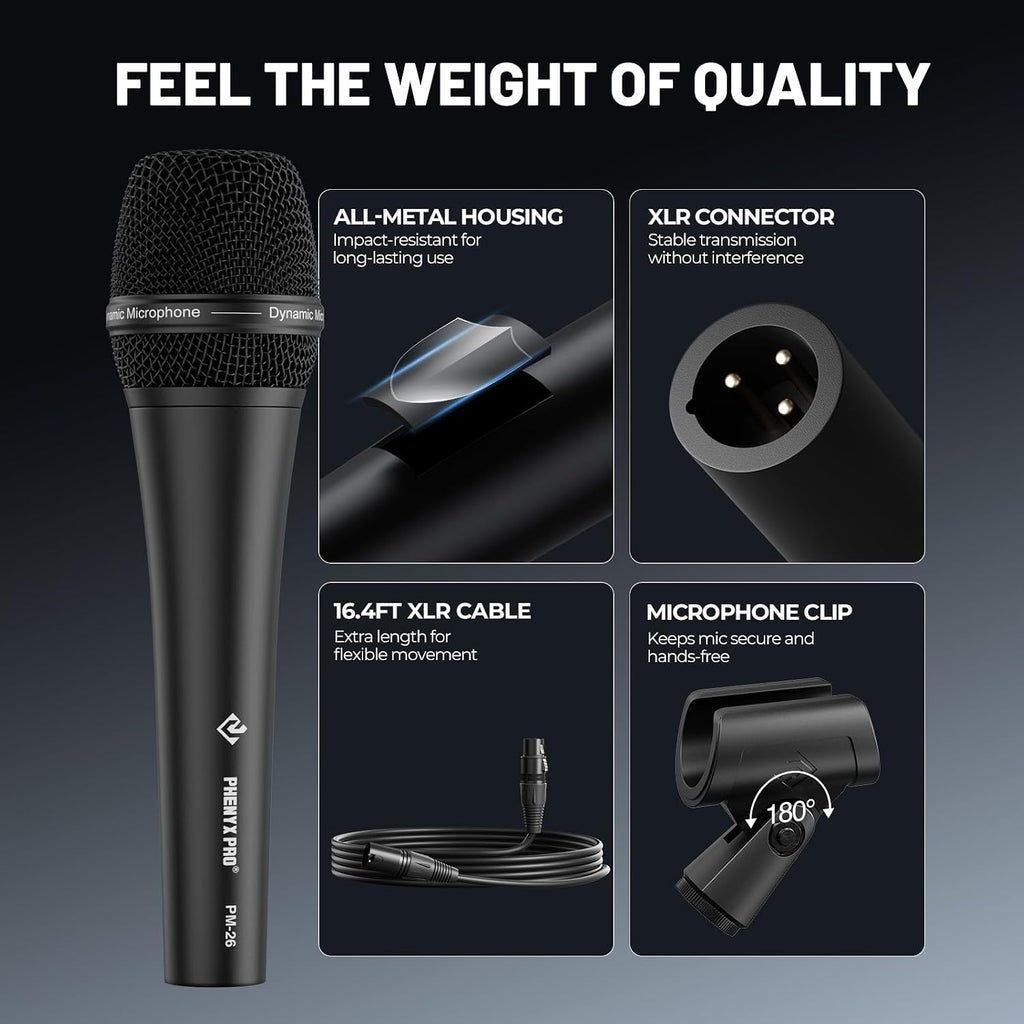 Supercardioid Vocal Dynamic Microphone with XLR Cable PM-26 | Wired Handheld Mic, 16.4 ft Cable, Mic Clip, Storage