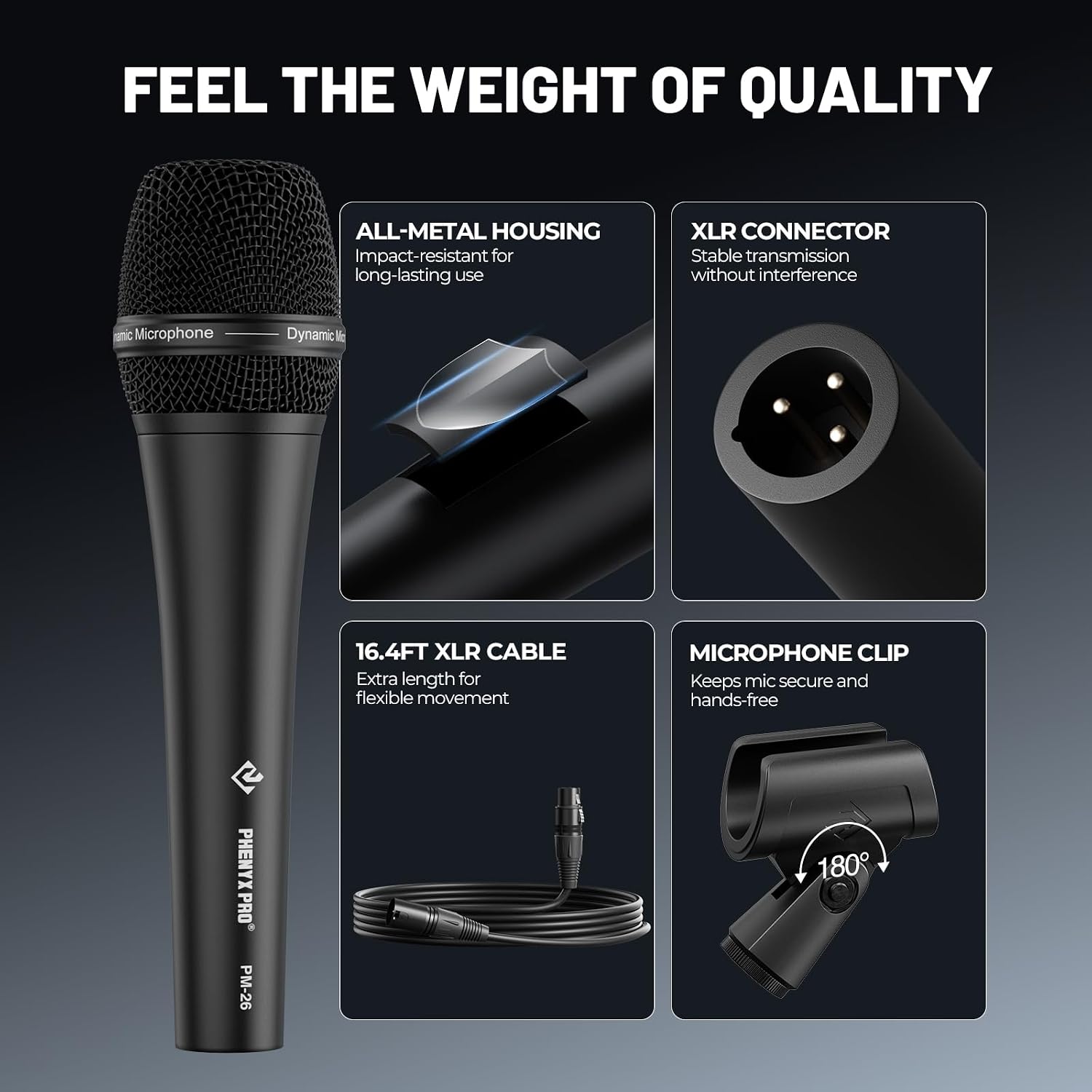 Supercardioid Vocal Dynamic Microphone with XLR Cable PM-26 | Wired Handheld Mic, 16.4 ft Cable, Mic Clip, Storage