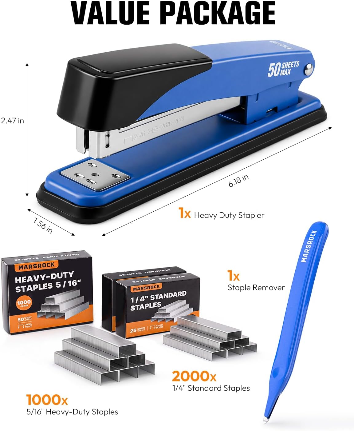 Heavy Duty Stapler for Desk with 50 Sheet, 3000 Staples, Blue