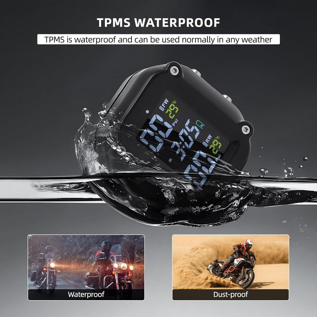 Motorcycle Tire Pressure Monitoring System, Motorcycle TPMS System | with 2 External Sensors, LCD Display, IP67
