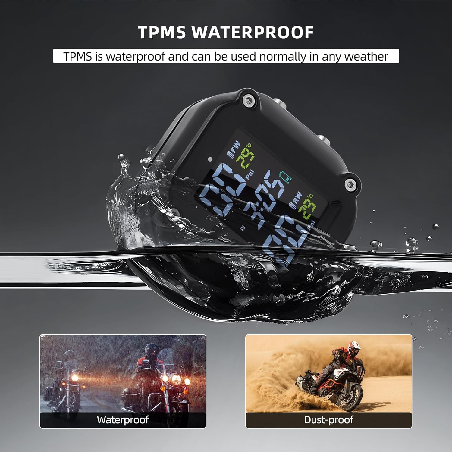 Motorcycle Tire Pressure Monitoring System, Motorcycle TPMS System | with 2 External Sensors, LCD Display, IP67