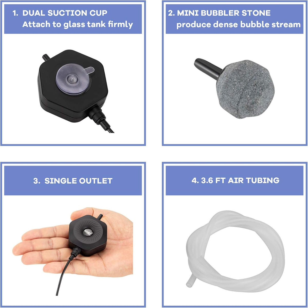 Quiet Mini Small Aquarium Air Pump Betta Fish Tank Bubbler Oxygen Aeration Pump with Air Stone Tubing Suction Cup for