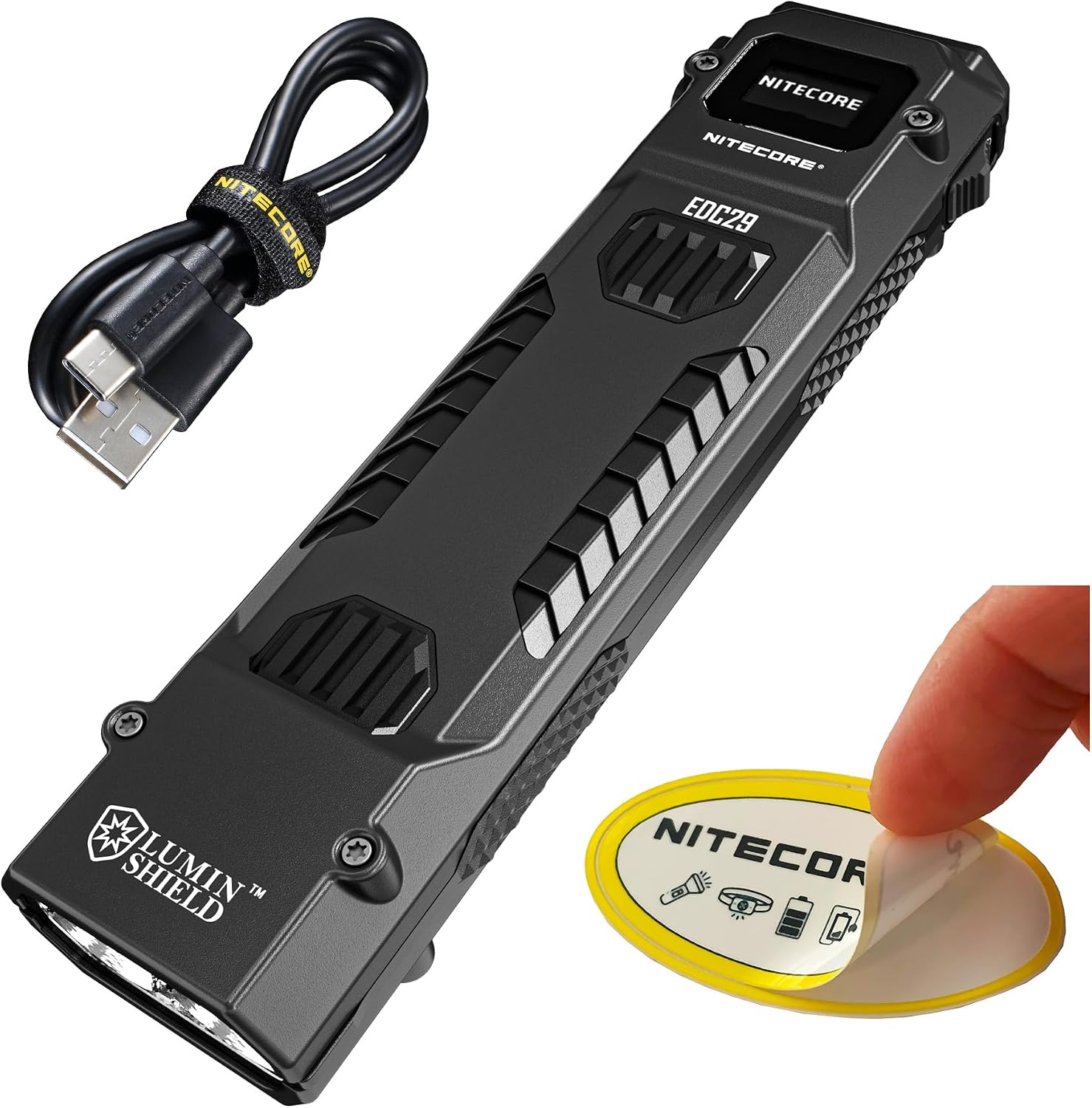 EDC29 6500 Lumen Rechargeable EDC Tactical Flashlight (Black) | USB-C Fast Charging, Slim Flat Shape, Spotlight