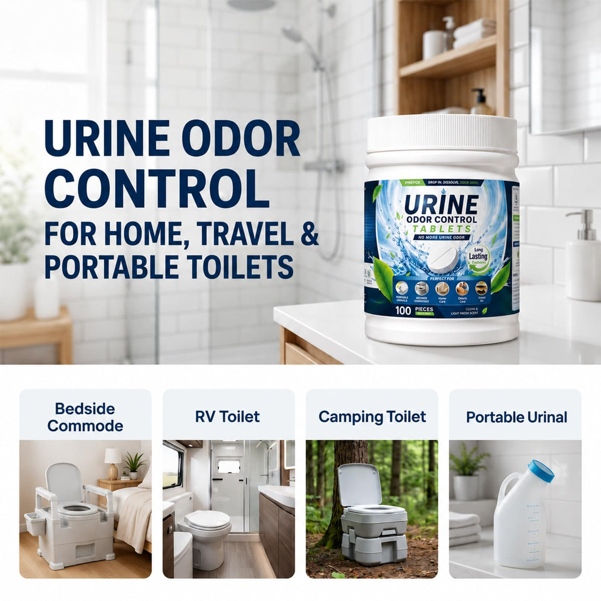 Urine Odor Eliminator Tablets for Bedside Commodes, Urinals, 100 Counts