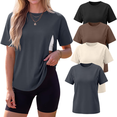 4 Pack Women's Nursing Breastfeeding Tops Hidden Zipper Short Sleeve Loose Fit Shirts Crew Neck Maternity Summer