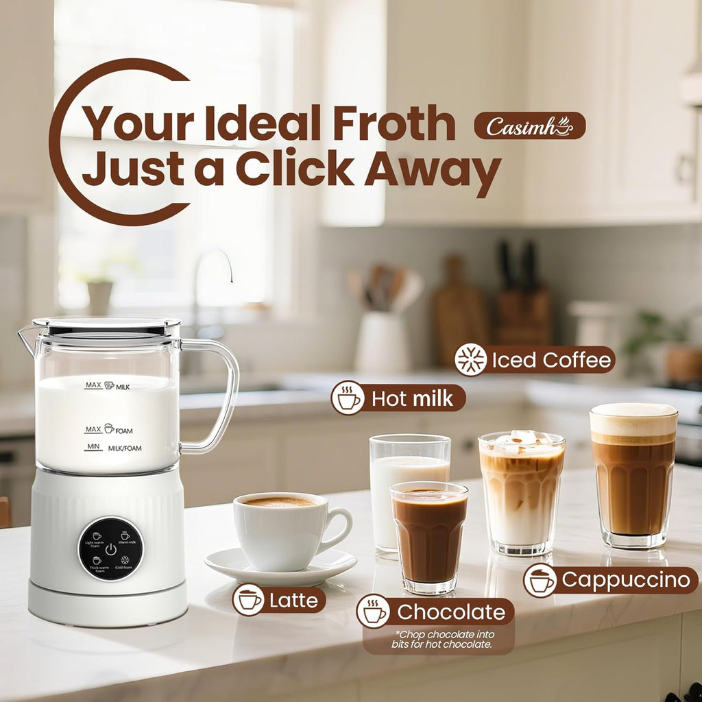 4-in-1 Electric Milk Frother and Steamer for Whole Milk, LED Touch Screen | Cold and Warm Foam Maker, Ceramic-Coated