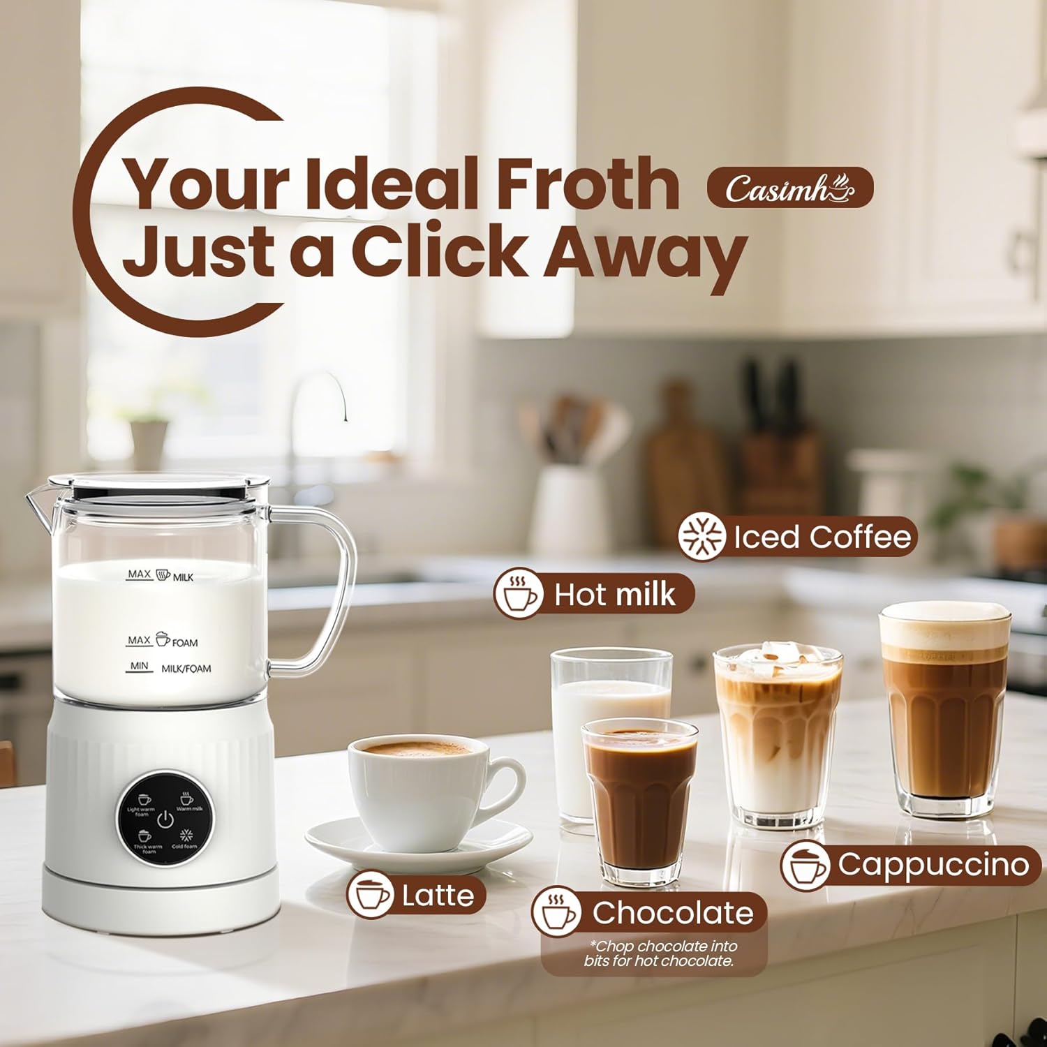 4-in-1 Electric Milk Frother and Steamer for Whole Milk, LED Touch Screen | Cold and Warm Foam Maker, Ceramic-Coated