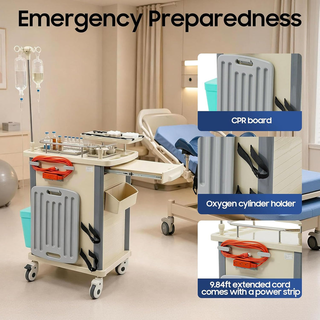 Medical Rolling Crash Cart with Accessories-CPR Board, 2 Trash Bin, Power Strip, Drawers with Dividers, Mobile