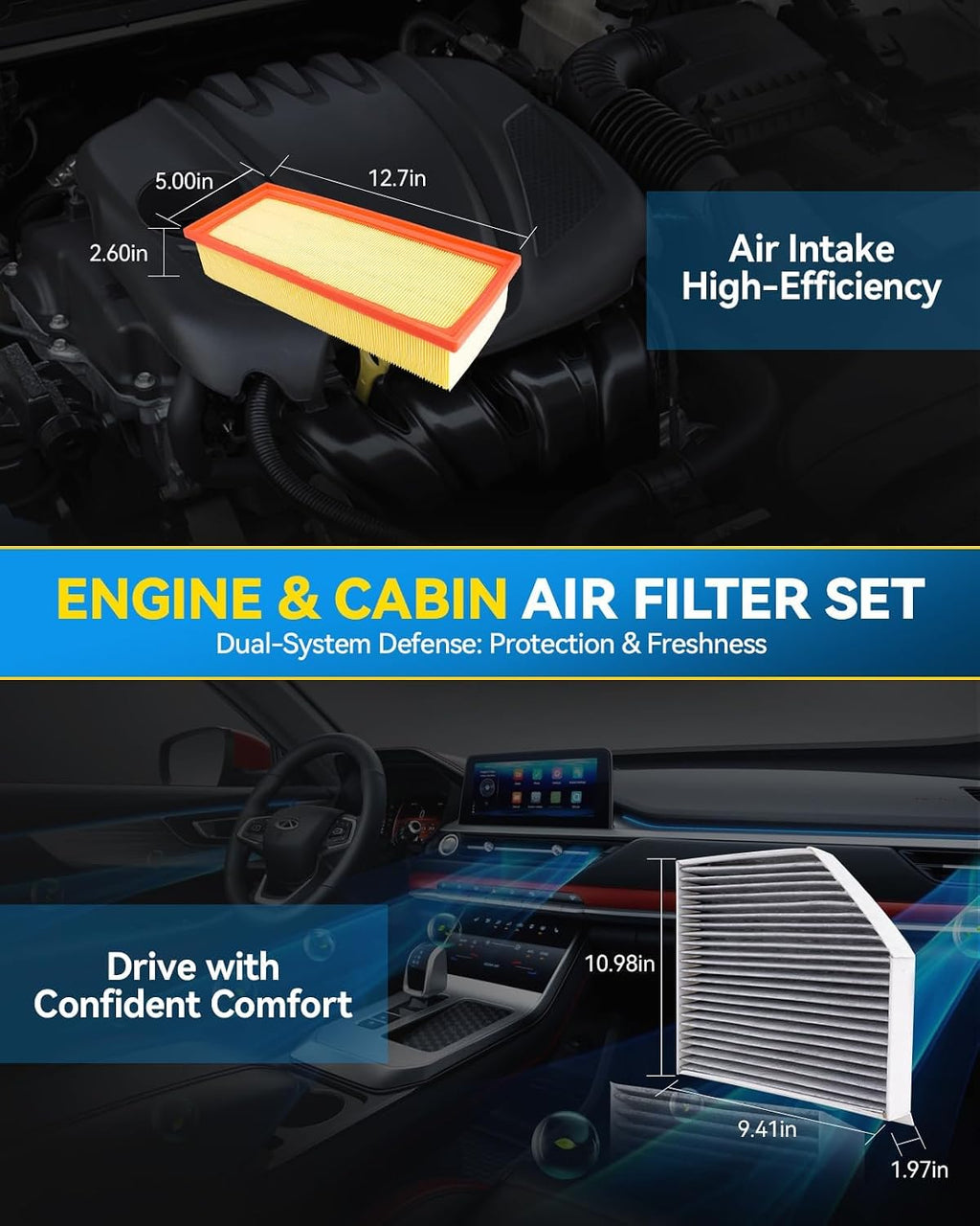 Engine & Cabin Air Filter for Audi Q5, A4/A4 Quattro, A5 Quattro | for Audi Q5 2011-2017, A4/A4 Quattro 2009-2016, A5