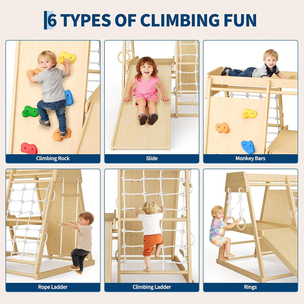 6-in-1 Indoor Playground Jungle Gym Kids Climbing Toys, Wooden Climber Playset with Slide, Climbing Rock, Monkey