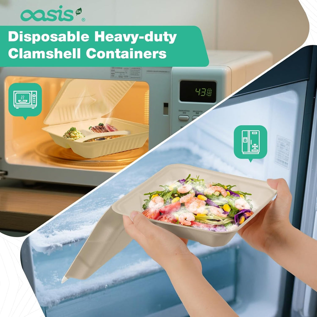 8x8 Inch 68 Pack 3-Compartment Clamshell Take Out Food Containers, Compostable Disposable Paper To Go Boxes with