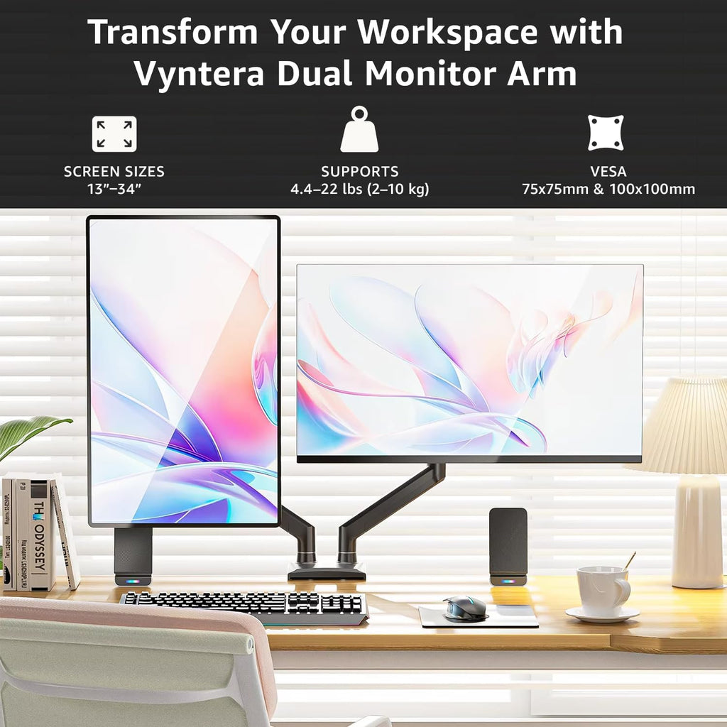 Dual Monitor Arm Desk Mount – Adjustable Gas Spring Monitor Stand for 13”–34” Screens, Full Motion Swivel, Tilt &