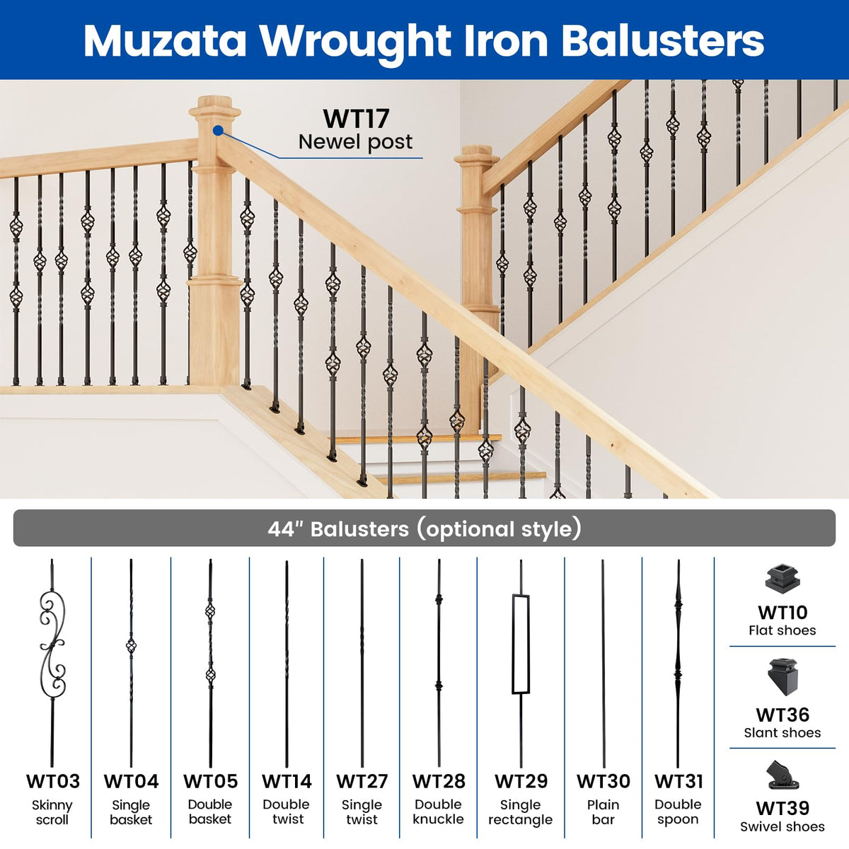 10 Pack 44" Straight Hollow Iron Balusters WT30