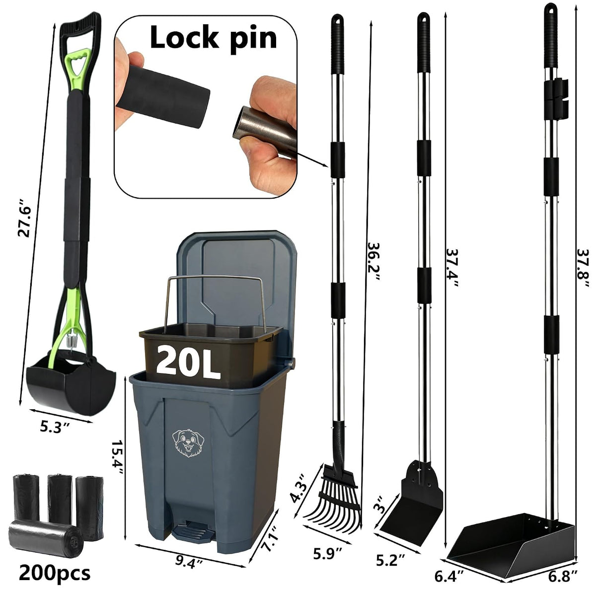 Dog Poop Outdoor Trash Can with Lid 20L/5Gal- Pedal & Removable Inner Bin,200 Waste Bags + 1 Green Long Handle Pooper