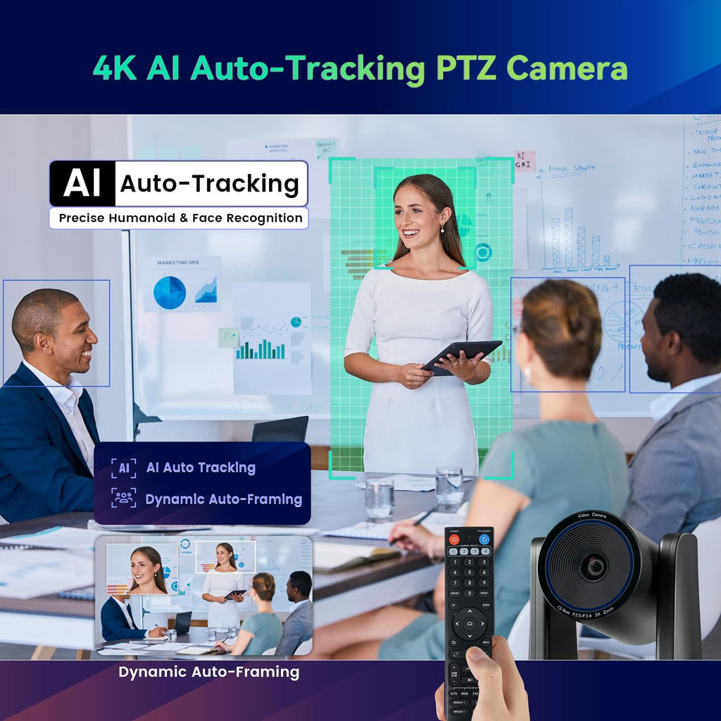 4K Conference Room Camera System AI Auto-Tracking 4K PTZ Camera 3X Optical Zoom 93° Wide Angle USB3.0 HDMI Output and