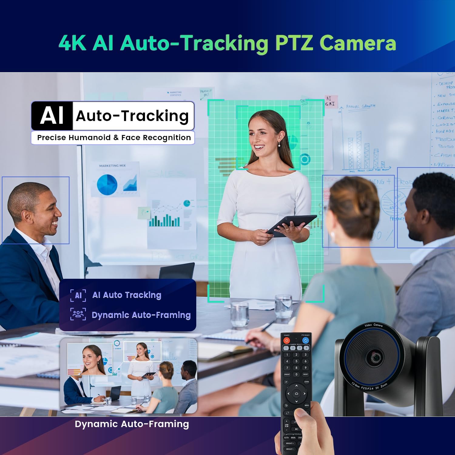 4K Conference Room Camera System AI Auto-Tracking 4K PTZ Camera 3X Optical Zoom 93° Wide Angle USB3.0 HDMI Output and
