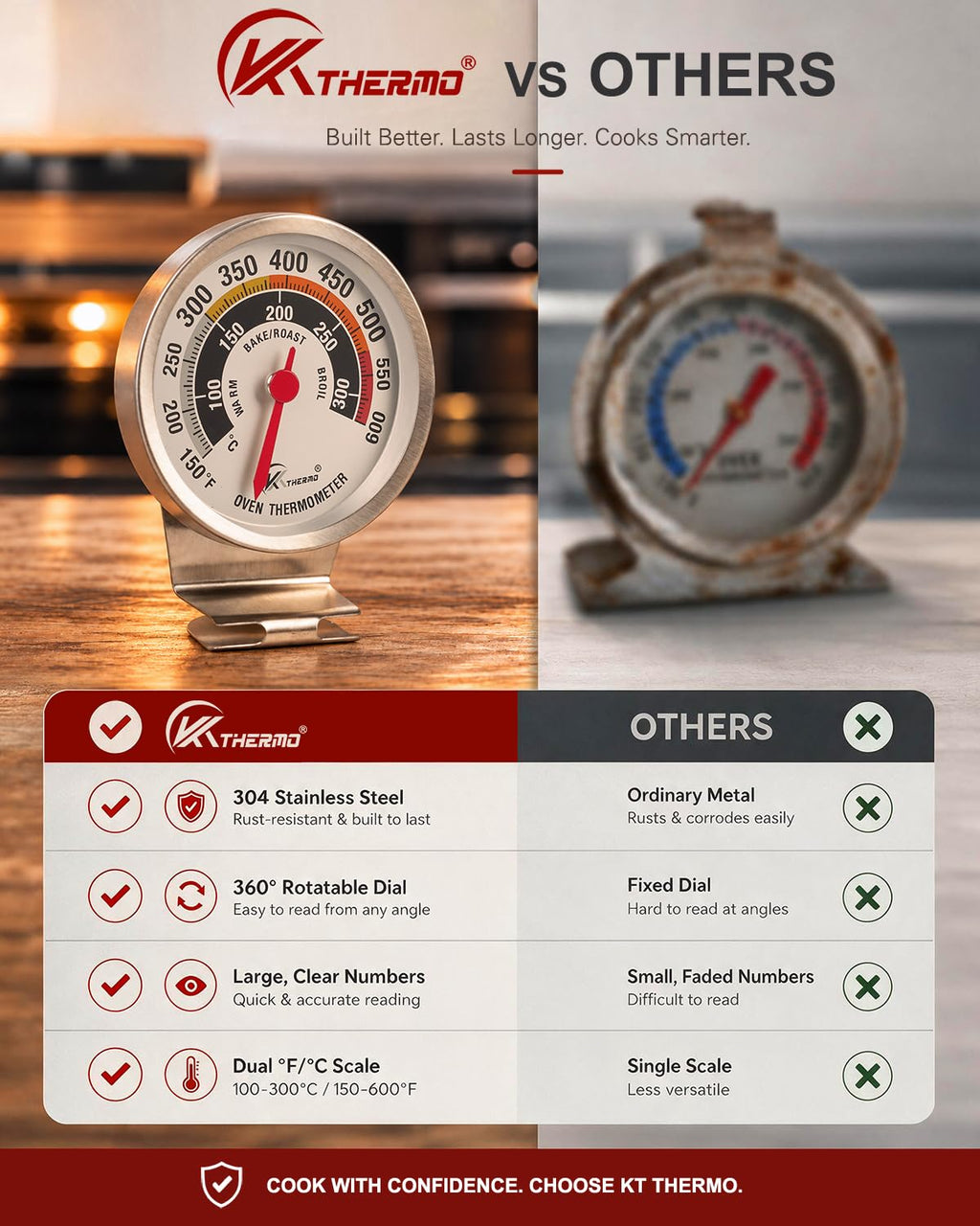 Oven Thermometer 360° Rotating Dial Extra Large Digits 150-600°F