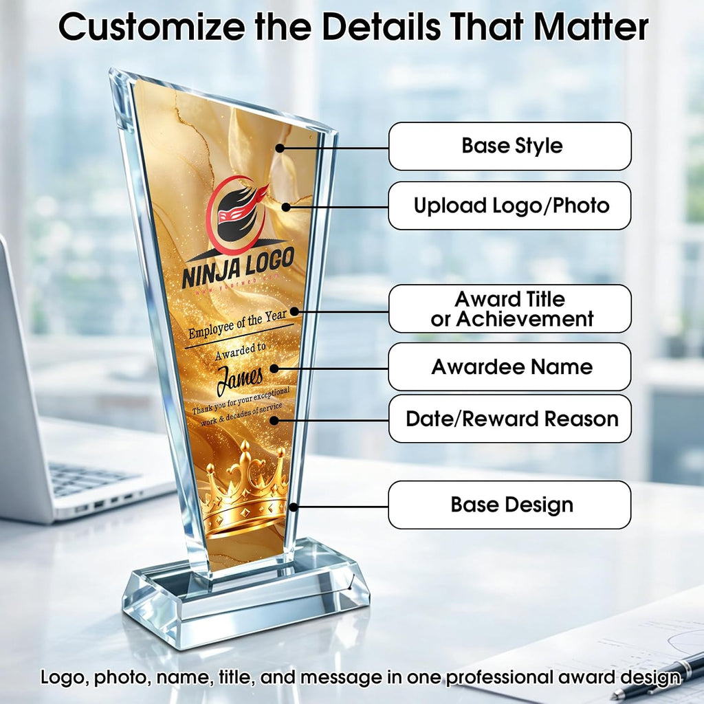 Custom Crystal Trophy Award with Logo Photo Text for Employee Recognition | Personalized Crystal Award For Corporate