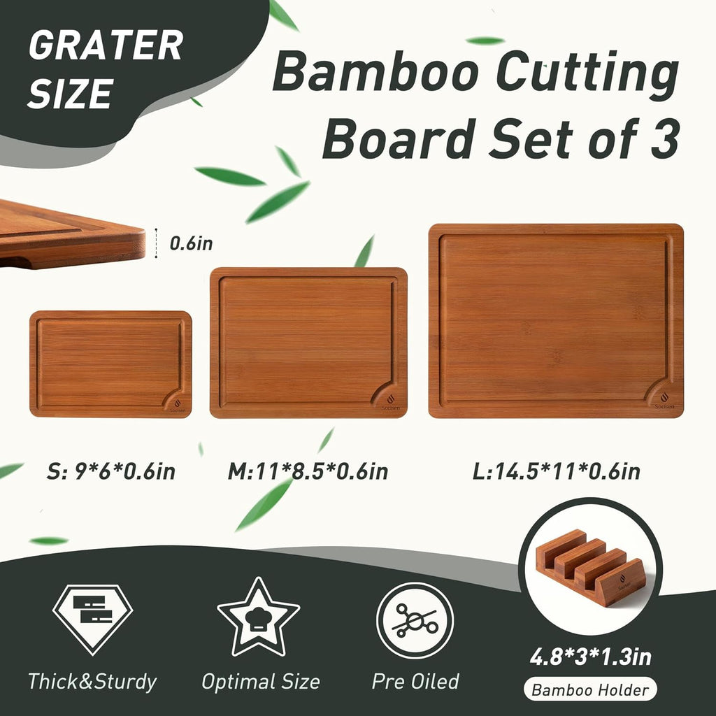 3 Packs Bamboo Cutting Board Set with Non Slip Feet Holder and Over Sink Nice Solid Thick Wood Juice Groove Chopping