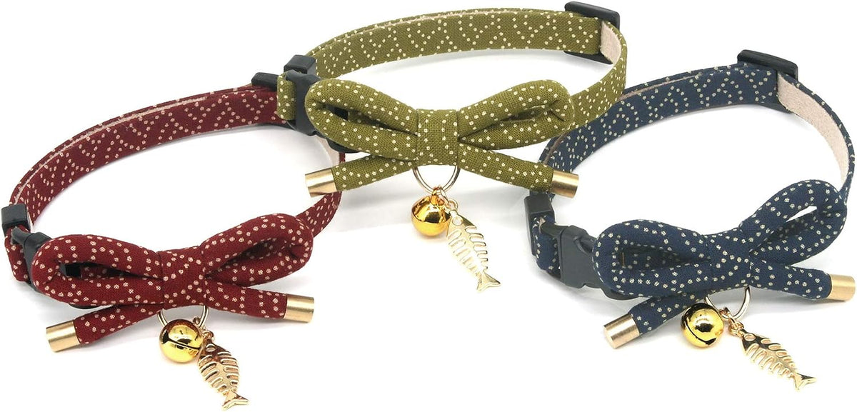 Cute Bowtie Cat Collar with Bell. Japanese Stylish Bowknot & Fish Charm. Safety Breakaway, Soft, Lightweight