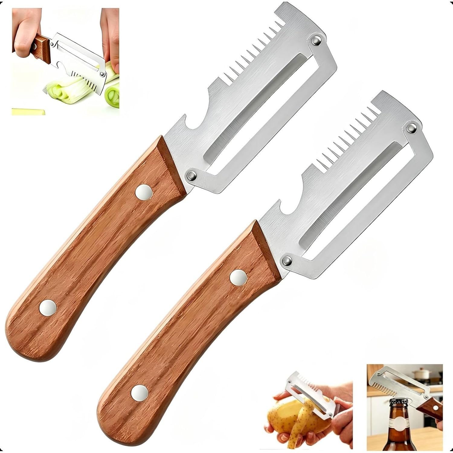 2-Pack Multifunctional Vegetable Peeler, 3 in 1 Kitchen Peeler with Wooden Handle, Grater & Bottle Opener for Potato