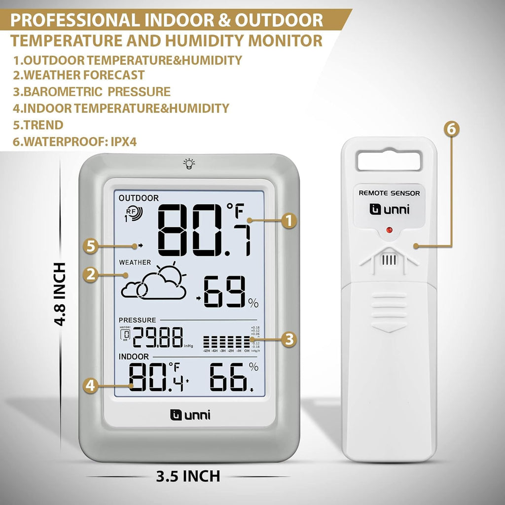 Indoor Outdoor Thermometer Wireless Weather Station 330ft Sensor | 330ft Range Sensor and Adjustable Brightness