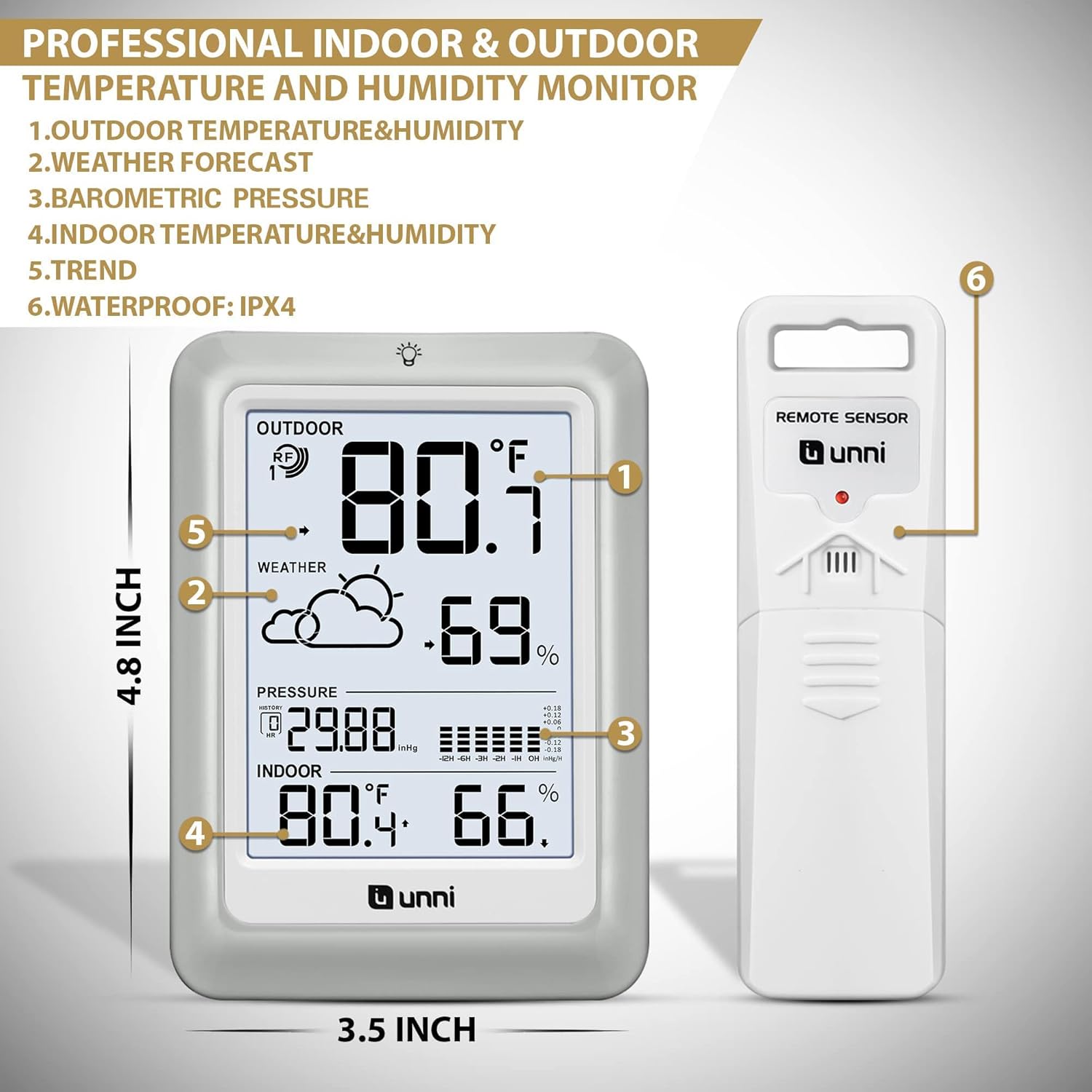 Indoor Outdoor Thermometer Wireless Weather Station 330ft Sensor | 330ft Range Sensor and Adjustable Brightness