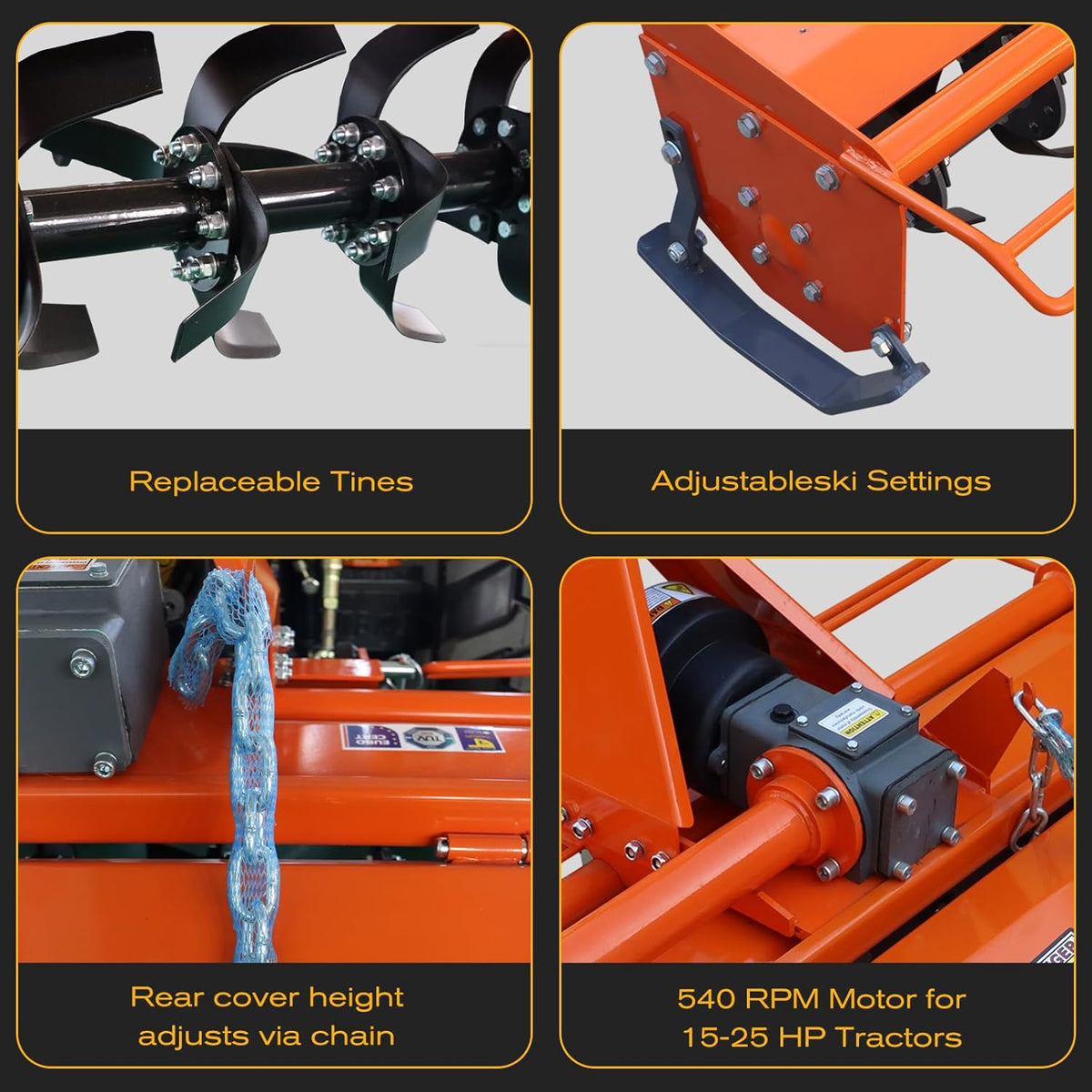 37" 3 Point Rotary Tiller Attachment for Cat 1 Tractors (15-25HP) | 540 RPM PTO-Driven Cultivator | Replaceable
