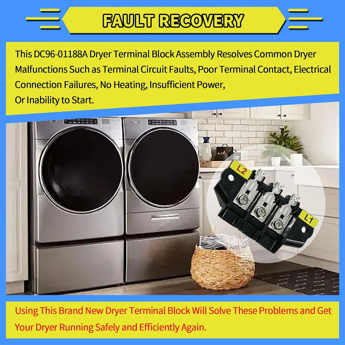 DC96-01188A Dryer Terminal Block Assembly Compatible with Samsung DV448AEP/XAA DVE53BB8700T MDE9700 DV337AEG MDE9700AYW DV42H5200EW/A3 etc Dryer, Replace # 2074197 AP4207835 PS4216924 EAP4216924