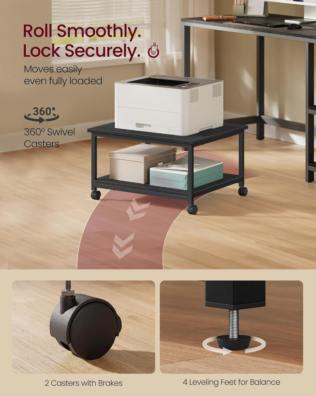 Printer Stand with Locking Wheels, Industrial Mobile Cart, Under Desk Printer Table for Home Office, 23.6 x 19.7 x