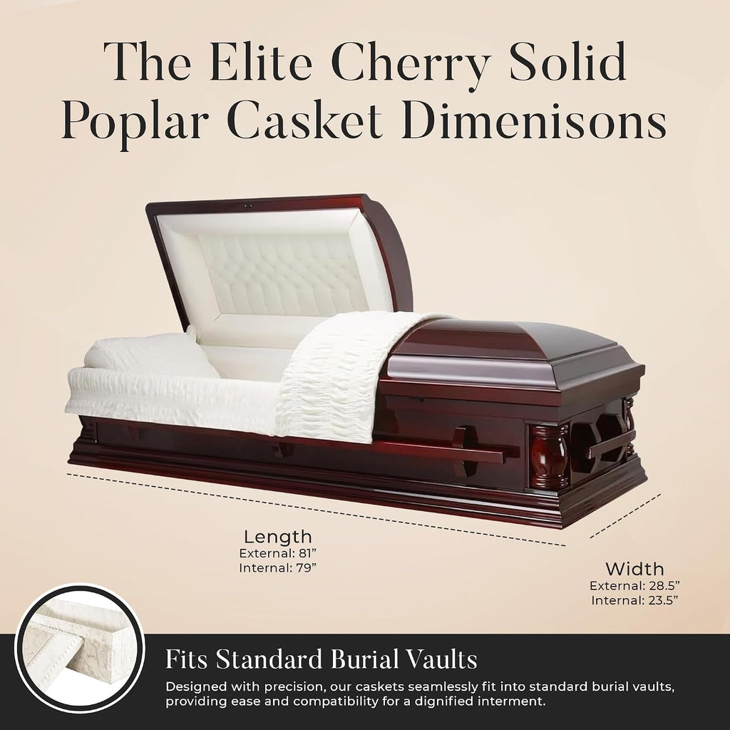 Elite Cherry Wood Funeral Casket w/Almond Velvet Interior