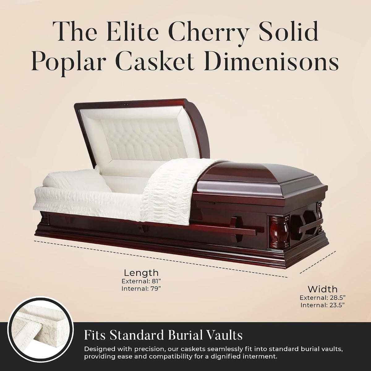 Elite Cherry Wood Funeral Casket w/Almond Velvet Interior