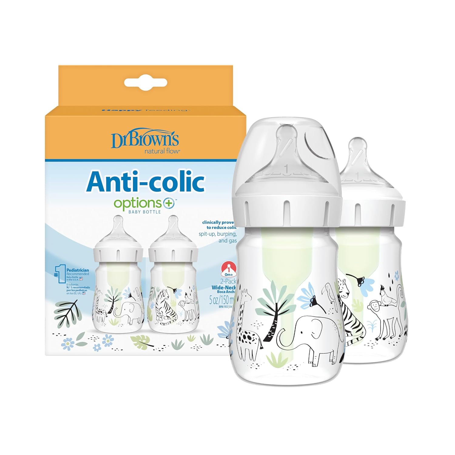 Anti-Colic Options+ Wide-Neck Baby Bottle Designer Edition Bottles, Jungle Decos, 5 oz/150 mL, Level 1 Nipple, 0m+