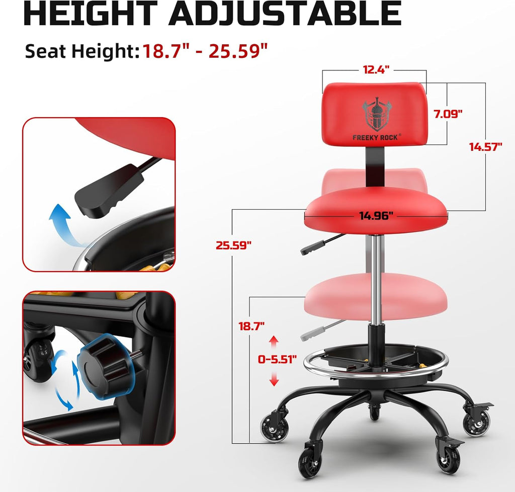 Rolling Shop Stool with Wheels, Garage Mechanic Stool Chair with Backrest, Height Adjustable Heavy Duty Swivel Task