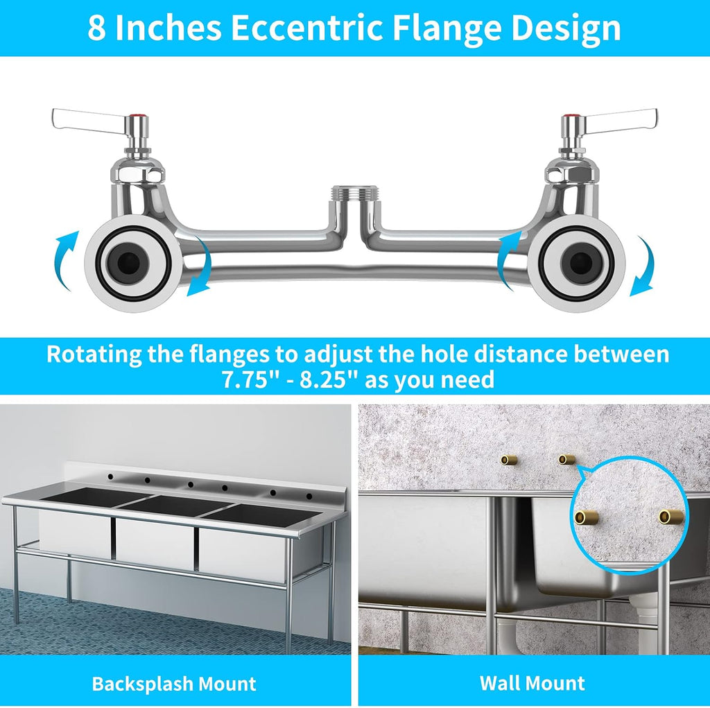 Commercial Faucet with Sprayer, 36" Height 8 Inch Center Brass Constructed Wall Mount Kitchen Sink Faucet with Pull