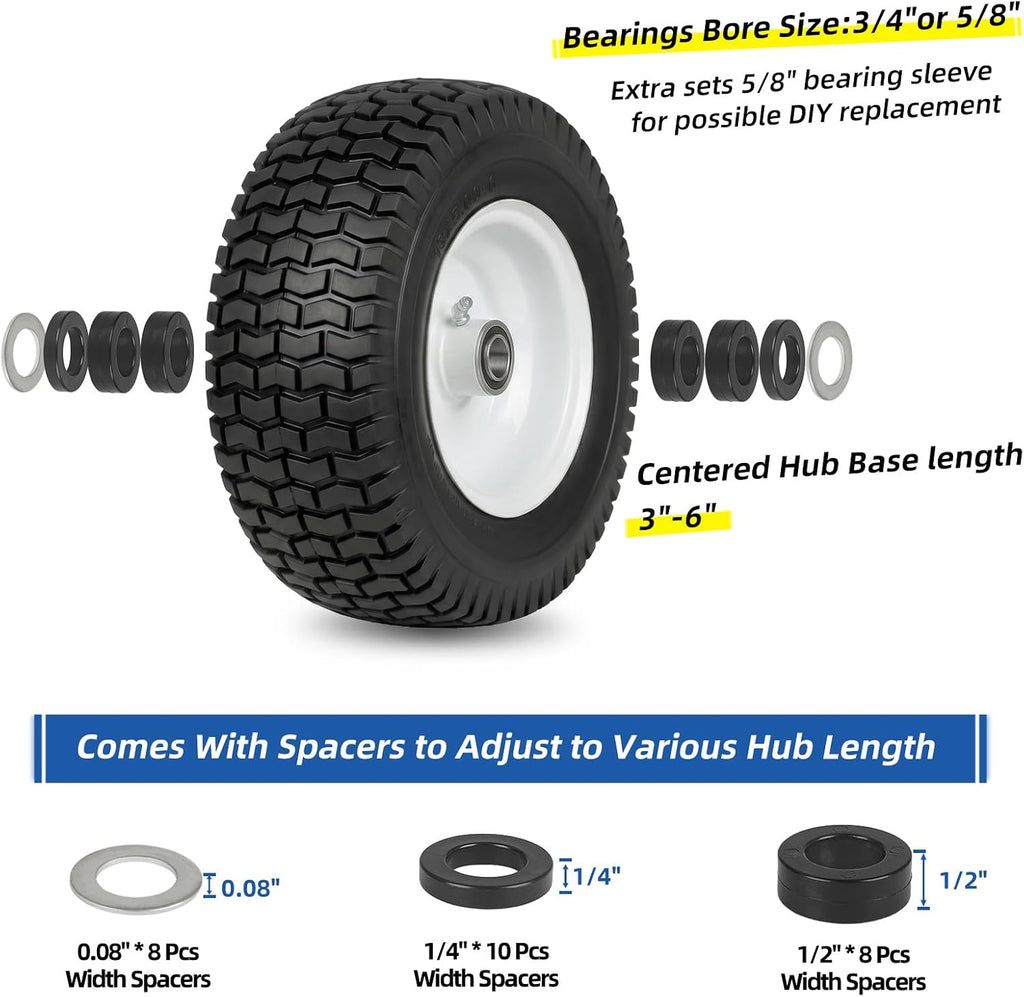 13x5.00-6 Flat Free Lawn Mower Tire and Wheel, 13x5-6 Riding Lawnmower Tire with 3" Centered Hub and 3/4" & 5/8"