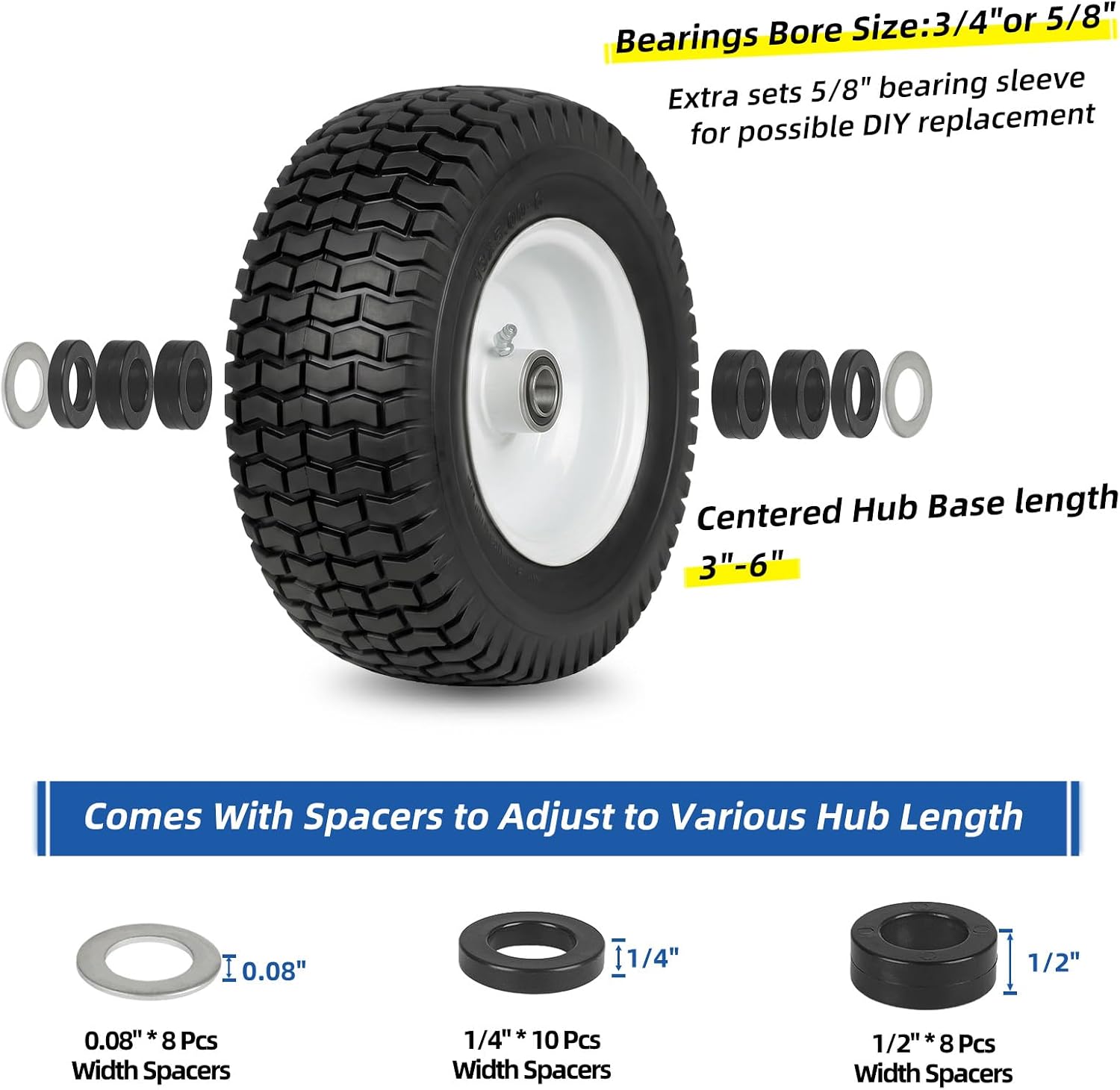 13x5.00-6 Flat Free Lawn Mower Tire and Wheel, 13x5-6 Riding Lawnmower Tire with 3" Centered Hub and 3/4" & 5/8"