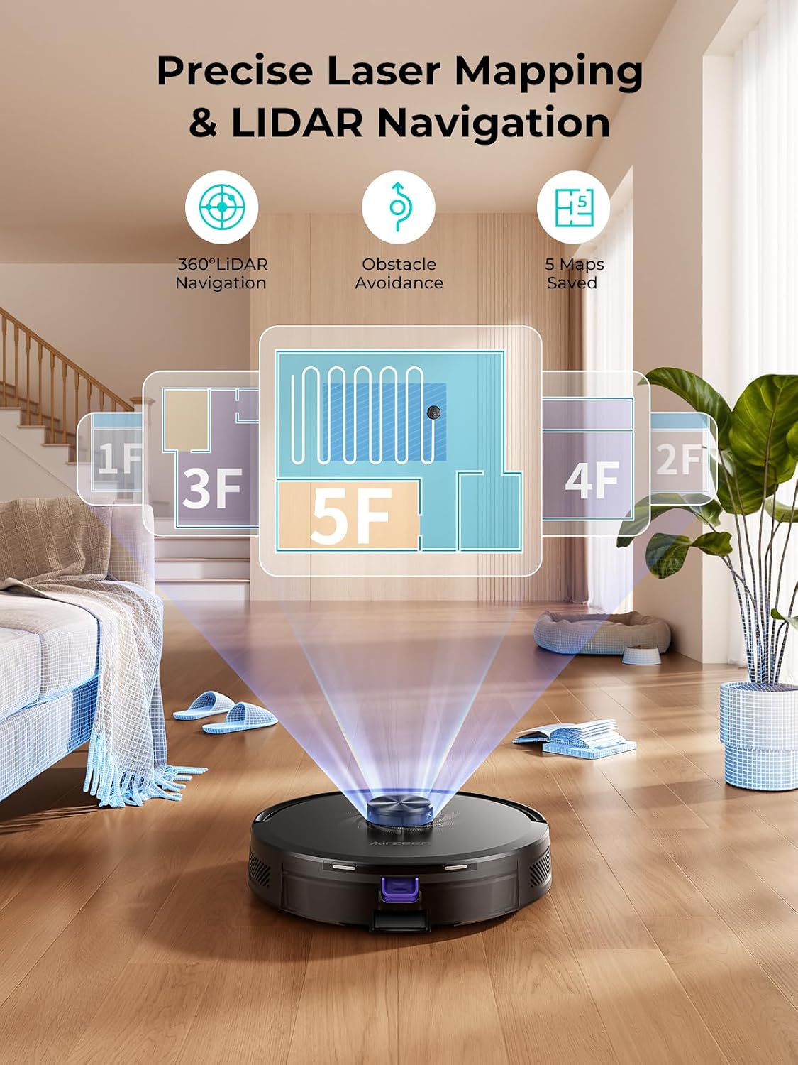Bagless Robot Vacuum and Mop Self-Emptying for Pet Hair/Carpet | LiDar Navigation for Smart Mapping, 6000Pa