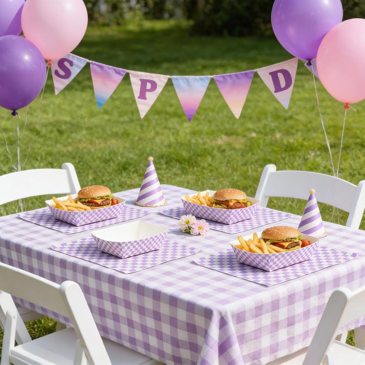 100 Pcs Gingham Paper Food Tray with Wax Paper,Purple White