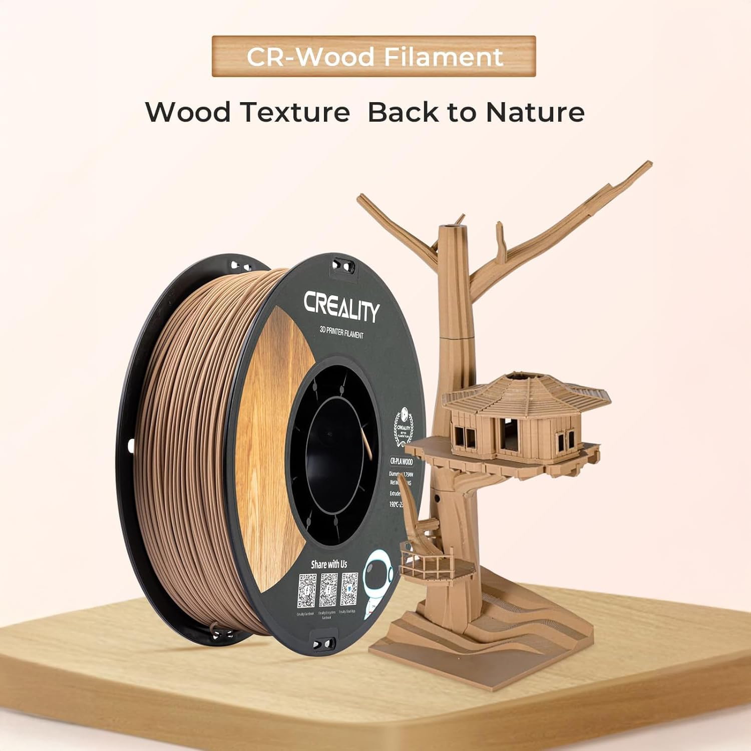 Official CREALITY Wood Filament PLA 1.75 mm, Wood 3D Printer Filament, More Than 30% Real Wood, Smooth Silk Texture